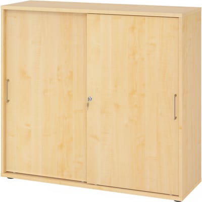 Breno schuifdeurkast, afsluitbaar, spaanplaat, gemelamineerd, B 1200 x D 400 x H 1100 mm, 3 dossierhoogtes, ahorn/mapulier