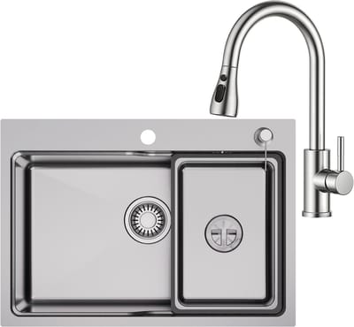 CECIPA MAX Spoelbak Keuken 68x48CM - Spoelbakken Keuken Met Keukenkraan Met Uittrekbare Uitloop - Enkele spoelbakken RVS - Met Korf, Zeepdispenser en Afvoerset - Voor 80 cm Kast
