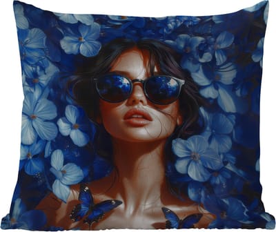 Tuinkussen - Vrouw - Blauw - Bloemen - Vlinders - Natuur - 40x40 cm - Weerbestendig