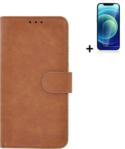 Hoesje Geschikt voor iPhone 13 + Screenprotector iPhone 13 - iPhone 13 Hoes Wallet Bookcase Bruin + Tempered Glass