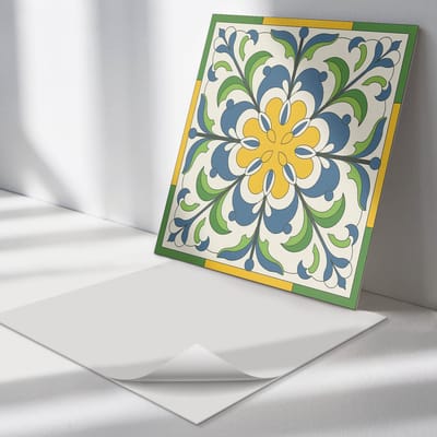 Wallfluent Vinyl Tegels - Bloemmotief met Bladeren Vinyl Wandtegels - 30 cm x 30 cm - Geel PVC Tegels - 9 stuks - Vierkant PVC Tegels - Patroon Plaktegels - Wand PVC Tegels - Plaktegels Keuken en Badkamer