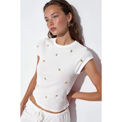 Dames Slanke Pasvorm Katoenen Geborduurde Ronde Hals T-Shirt
