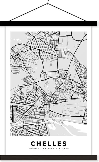 Posterhanger incl. Poster 40x60 cm - Schoolplaat - Kaart - Stadskaart - Frankrijk - Chelles - Plattegrond - Textielposter - Zwarte latten - Stadskaart