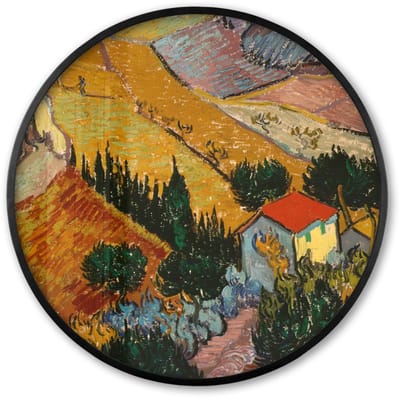 Poster in lijst Rond - Fotolijst 60x60 cm - Posters - Landschap met een huis en een ploeger - Vincent van Gogh - Ronde posterlijst zwart - Decoratie - Wanddecoratie woonkamer - Muurdecoratie slaapkamer