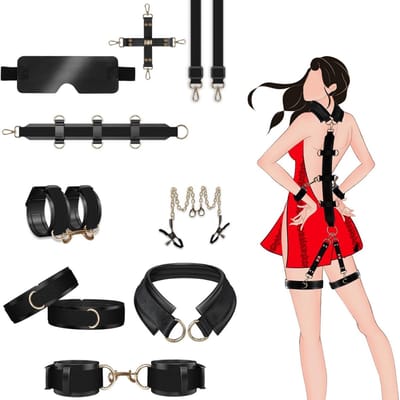 BDSM Extreme - Sex Toys voor Koppels - 9 Stuks - Seksspeeltjes voor Koppel - Zweepje Seks - Shibari Touw – Bondagesets - Sexspeeltjes voor Koppels - Couple Games – Bondagesets – Boeienset, Handboeien, Tepelklemmen, etc - Zwart