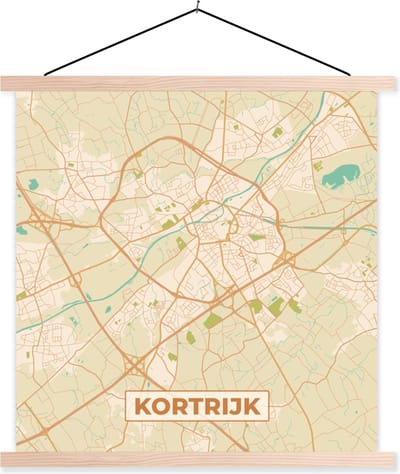 Posterhanger incl. Poster 40x40 cm - Schoolplaat - Kaart - Plattegrond - Kortrijk - Stadskaart - België - Textielposter - Blanke latten - Stadskaart