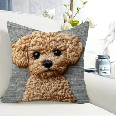 Schattige Krullende Puppy Kussenhoes Borduurstijl Zacht en Huidvriendelijk Bankkussenhoes Slaapkamer Decoratief Kussensloop 50x50cm