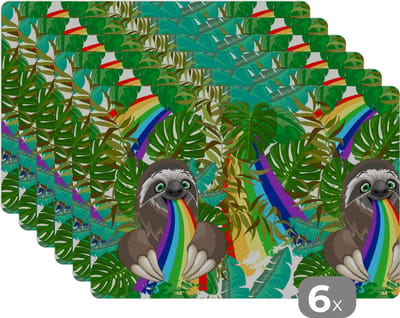 Placemat - Placemats kunststof - Luiaard - Regenboog - Bladeren - Patronen - 45x30 cm - 6 stuks - Hittebestendig - Anti-Slip - Onderlegger - Afneembaar