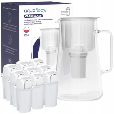 AquaFloow Waterfilterkan 3L AquaFloow ClassGlass - van borosilicaatglas - BPA-vrij - vermindert chloor, kalkaanslag en verontreinigingen - set met 10x waterfilter AquaFloow Class- wit