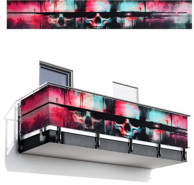 Balkonscherm 500x75 cm - Balkonposter Schedels - Glitch - Cyberpunk - Balkon scherm decoratie - Balkonschermen - Balkondoek zonnescherm