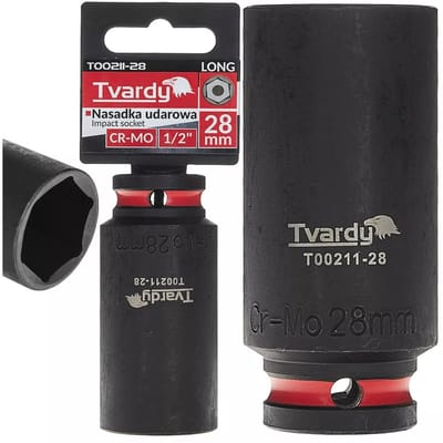 Tvardy Slagdop lang 6-kant 28 mm - chroom-molybdeenstaal - vierkante opname 12,7 mm - zwart - voor slagmoersleutel, auto- en industriewerk, diepe uitsparingen