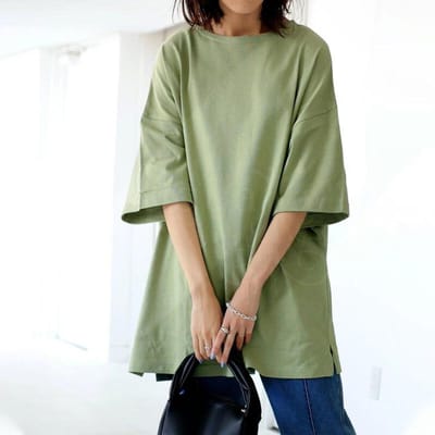 Los Groot Katoenen T-shirt Dames Zijsplit Veelzijdig Casual Midilengte Top XL beige
