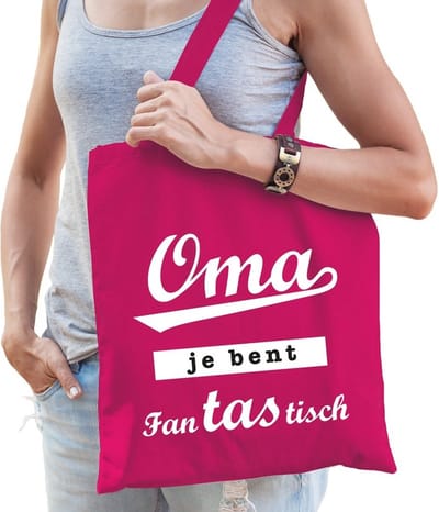 Cadeau tas fuchsia roze katoen met de tekst Oma je bent fanTAStisch - kadotasje voor oma's