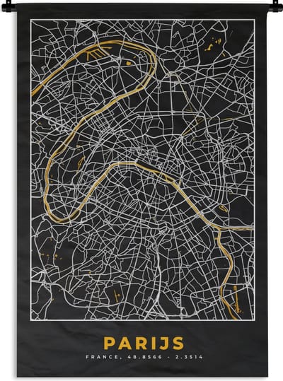 Wandkleed - Wanddoek - Parijs - Stadskaart - Goud - Plattegrond - Kaart - 120x180 cm - Wandtapijt