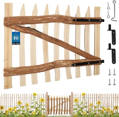 KOTARBAU® Tuinpoort van hazelnootlatten voor pikethek, 80 x 100 cm, hekpoort voor schutting, kastanjehek, boerenhek, inclusief accessoires