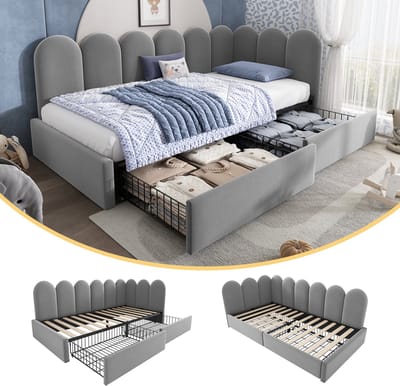 Clruro Slaapbank - 90x190 cm - Opbergbed met Laden en Lattenbodem - Fluweel - Grijs