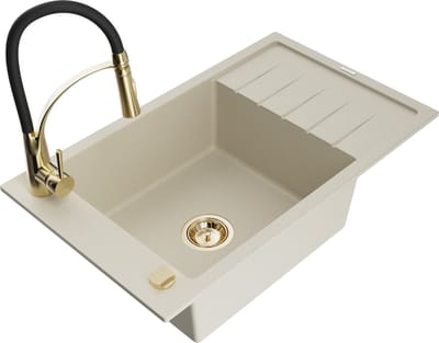 Mexen Elias granieten gootsteen 1-kompartment met afdruiprek en keukenkraan Aster, beige - 6511-69-73450-57-G
