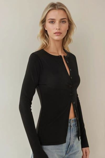 Ronde Hals Knopen-Voorkant Geribbelde Brei Lange Mouw Cardigan Top