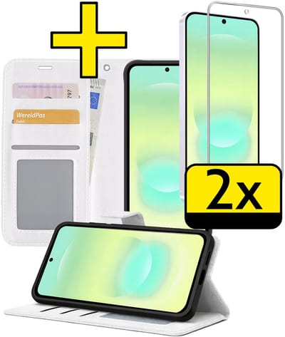 Hoesje - Met 2x Screenprotector - Geschikt voor Samsung Galaxy A37 - Luxe Pasjeshouder - Bookcase Portemonee - Flip Case - Kunstleer Book Case - Flipcase Hoes - Book Cover - Walletcase - Portemonneehoes - Telefoonhoesjes - Wit