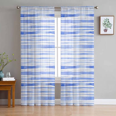Aquarel Gestreept Blauw Tule Raamgordijnen voor Slaapkamer Luxe Huisdecoratie Gordijnen in Woonkamer Chiffon Panelen 135W x 114H(cm) gray