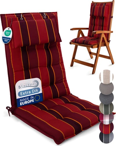 Beautissu Sun-HL – Premium Hoge Rugleuning Stoelkussen 120x50 cm – UV-bestendig – 8cm Dik – met Hoofdkussen & Bevestigingsbanden – Antislip – Rood Gestreept