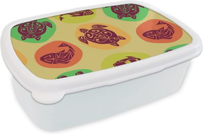Broodtrommel Wit - Lunchbox - Brooddoos - Schildpad - Vissen - Maori - Patroon - 18x12x6 cm - Volwassenen