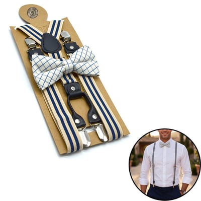Sorprese Bretels met Vlinderstrik - Blauw Beige Gestreept - Bretels Heren Volwassenen - Verstelbare Y-Bretels - Inclusief Vlinderdas - Trouwen, Feest & Zakelijk
