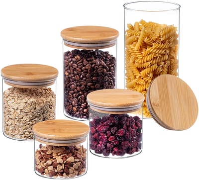 KADAX Glazen container met bamboedeksel, vaatwasmachinebestendige voorraadpotten, luchtdichte voorraaddozen, opbergglas, opbergdoos voor spaghetti, meel, muesli of koffie (set van 5)