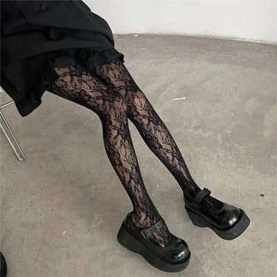 Y2K Mode Gothic Bloem Hol Sexy Panty Kousen Dames Visnet Wijnrood Ins Meisjes Jk Kousen Hoge Elastische Hipster Leggings One Size white