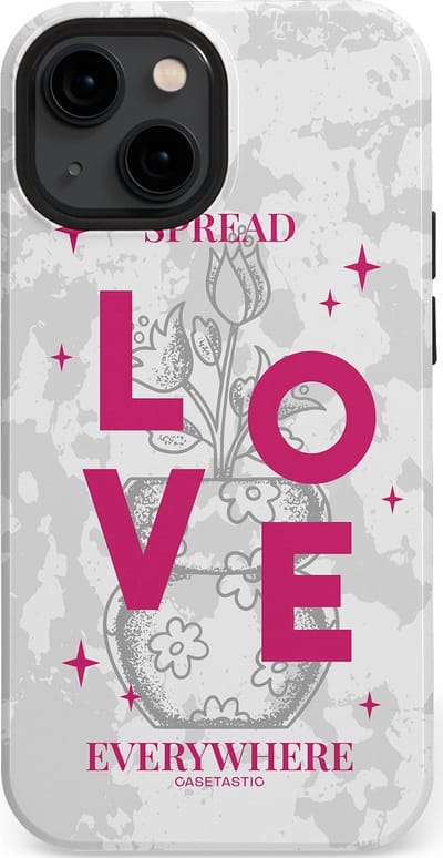 Casetastic hoesje geschikt voor Apple iPhone 13 mini - MagSafe - Dubbellaagse bescherming - Spread Love Everywhere - Grijs Roze - Valentijn - Valentine - Fashion Case - Lichtgrijs Wit Roze