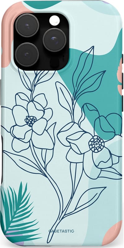 Casetastic hoesje geschikt voor Apple iPhone 16 Pro - MagSafe - Dubbellaagse bescherming - Zeegroen Bloemenfestijn - Fashion Case - Lichtgrijs Turquoise Perzik