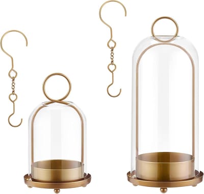 Kandelaars Set - Kaarsenhouders Lantaarns - Sfeerverlichting Creëren - Metaal en Glas - 2 maten - Goud