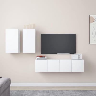 4-delige tv-kastset, wit, houtmateriaal, consoletafel met laden, tv-kast, televisiekast, dressoir, hangend