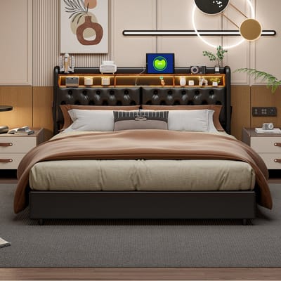 Opbergbed 180x200 met LED & USB – Zwart PU Tweepersoonsbed met Gaslift Opbergruimte