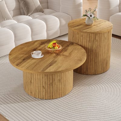 Salontafel - dubbele ronde tafel - bijzettafel met natuurlijk houten blad - multifunctionele woonkamer tafel
