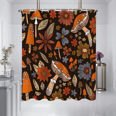 1 pièce de 180x180cm rideau de douche cloison orange champignon impression numérique, salle de bain étanche et résistant aux moisissures 180x180cm black