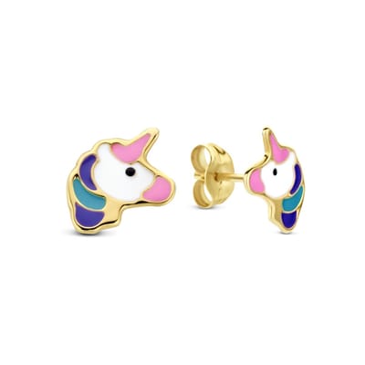 New Bling 9NBG-1090 – Gouden Oorbellen Dames – Oorknopjes Unicorn Eenhoorn – Kleurrijk – 14K Goud – 8,5 mm – Cadeau voor Vrouwen