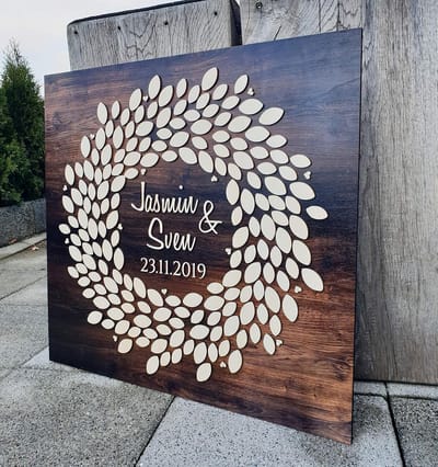 Houten Gastenboek - Alternatief Boek - Bruiloft Herinneringen - Gepersonaliseerd Ontwerp - 69x67 cm - Donker Eiken