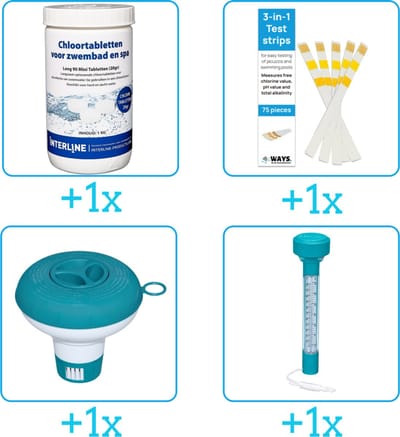 Zwembad Onderhoudspakket - Onderhoud Zwembad - bevat Chloor - Testrips - Chloordrijver en Thermometer (4-delig)