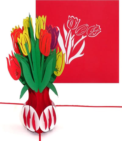 Pop-up kaart Tulpen - 3D bloemenkaart - Wenskaart versturen - Handgemaakte vouwkaart - 15 x 15 cm - Rood