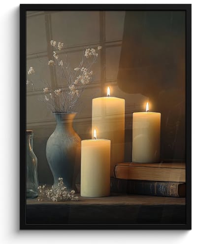 Poster in lijst - Fotolijst 50x70 cm - Posters - Kaarsen - Stilleven - Rustiek - Boeken - Posterlijst zwart - Decoratie - Wanddecoratie woonkamer - Muurdecoratie slaapkamer