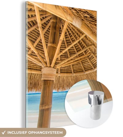 MuchoWow® Glasschilderij 30x40 cm - Schilderij acrylglas - Parasol - Strand - Zee - Tropisch - Foto op glas - Schilderijen
