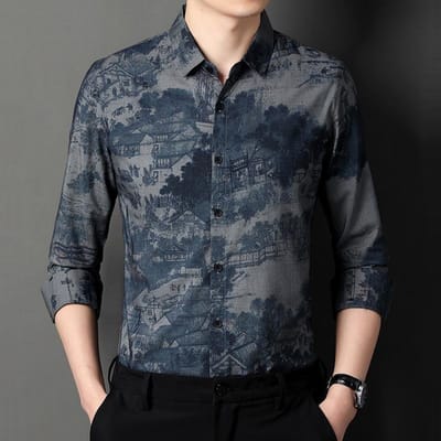 Lente en Herfst Heren Lange Mouwen Bedrukt Shirt Mode Trendy Uniek Revers Dun Los Herenkleding Shirt XXXXL