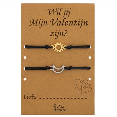 Koppel Armbandjes voor 2 "Wil jij mijn Valentijn Zijn?" - Zon & Maan - Vriendschapsarmbandjes met Persoonlijk Cadeau Kaartje - Zilverkleurig & Goudkleurig - Elastisch Verstelbaar - Pax Amare
