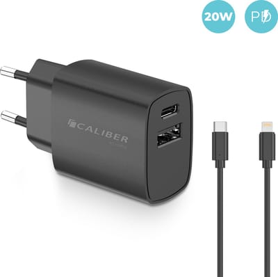 USB C Adapter - Snellader - 20 Watt - Adapter - Lightning USB kabel - Geschikt voor Smartphones - Universeel - USB C en USB Adapter - Zwart (PSPQ-20CLB)