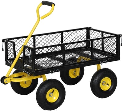 Daity Tuinwagen, vierwielig transportvoertuig, met afneembare zijpanelen die tot een dienblad kunnen worden omgebouwd. Afmetingen: 104 x 54 x 51 cm, zwart met gele strepen.