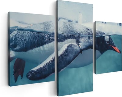 Artaza Canvas Schilderij Drieluik Pinguïn Zwemt in het Water - 90x60 - Foto Op Canvas - Canvas Print