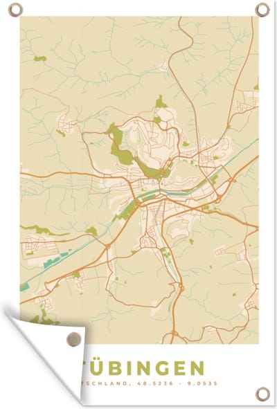 Muurdecoratie Tübingen - Plattegrond - Kaart - Stadskaart - Vintage - 120x180 cm - Tuinposter - Tuindoek