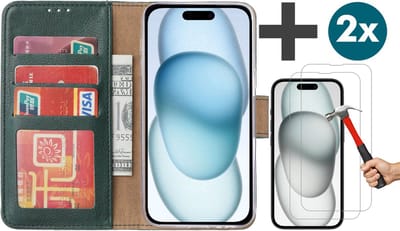 Hoesje met 2 Stuks Screenprotectors Geschikt voor iPhone 15 Plus – Arara bookcase met pasjeshouder - Groen