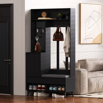 DESMIU Garderobeset - Halmeubel Met Schoenenbank En Opbergruimte - Voor Hal En Entree - MDF - Zwart - 100x35x180 Cm